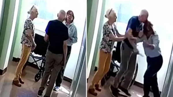 Складене зображення запису з камер відеоспостереження, на якому зображено двох літніх людей із жінкою середнього віку в будинку для літніх людей