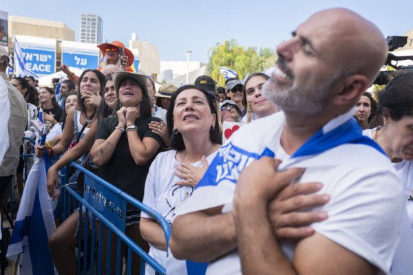 Israelis in Hostages Square in Tel Aviv, Israel on Monday October 13, 2025, celebrate the return of all living and most of the dead Israeli hostages taken captive by Hamas terrorists on October 7, 2023. On Wednesday, Israel identified the bodies of three slain Israeli hostages, which were returned Tuesday night. Photo by Jim Hollander/UPI