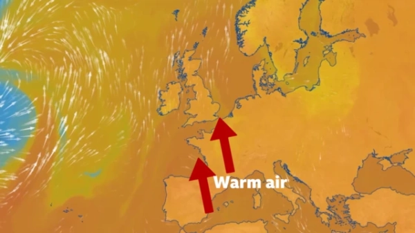 Графік BBC Weather, що показує, як тепле повітря в Західній Європі переноситься з південної Європи та Північної Африки