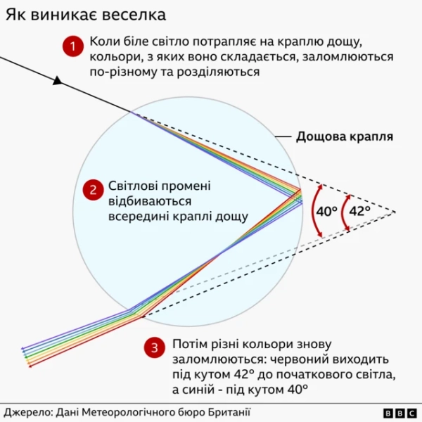 Графіка, що показує, як утворюється веселка у трьох кроках: 1. біле світло розділяється на різні кольори, коли потрапляє на краплю дощу; 2. кольори відбиваються всередині задньої частини краплі; 3. вони знову заломлюються й виходять через передній край краплі.