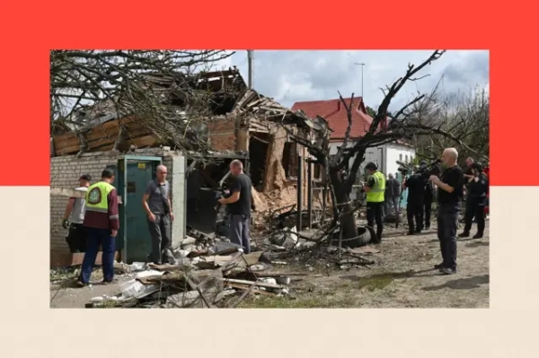 Чи справді у Сполучених Штатах вичерпуються запаси зброї 9 Зруйнований приватний будинок після удару, серед уламків працюють рятувальники та журналісти. Фото оформлене в колажному стилі.