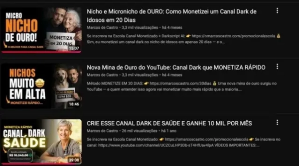 На скріншоті результатів пошуку YouTube відображено три відео з інструкціями зі створення контенту за допомогою штучного інтелекту для старшої аудиторії.