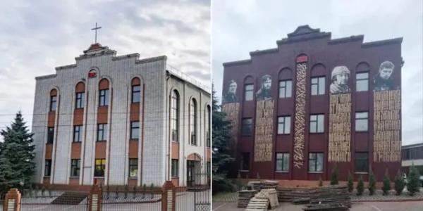 Будівля церкви Ігоря Іващука до (ліворуч) та після окупації
