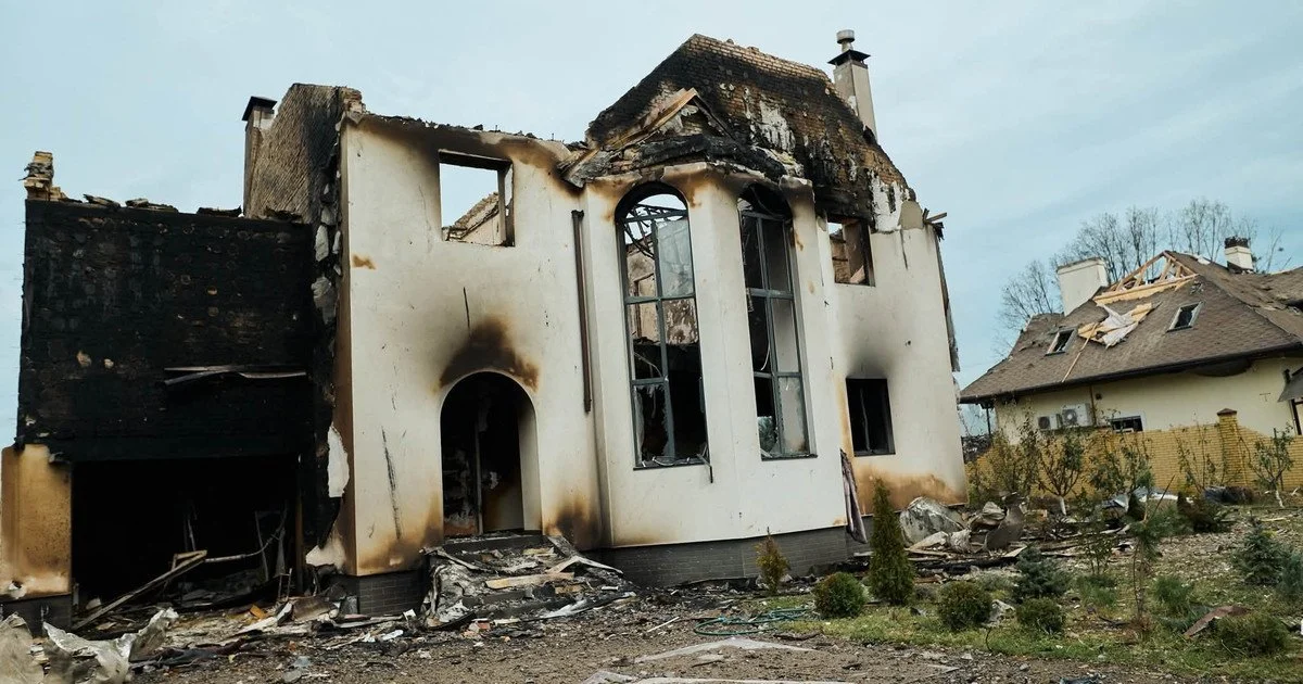 Destroyed house in the village of Mylla, Kyiv region