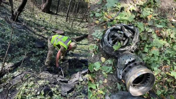 На колажі видно лісисту місцевість після пожежі або вибуху. Ліворуч людина у світловідбивному жилеті оглядає обгорілу вирву серед дерев і почорнілої землі. Праворуч на землі серед зеленого листя лежать металеві уламки, схожі на частину авіаційного двигуна або іншого літального апарата.