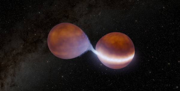 Так худхник Caltech уявив схожу систему ZTF J1239+8347: менший карлик віддає речовину ближчому, і струмінь, ударяючись об поверхню, розігріває на ній яскраву пляму. У новій роботі регонові таким само збирає червоний карлик у коричневого. Caltech/R. Hurt (IPAC)